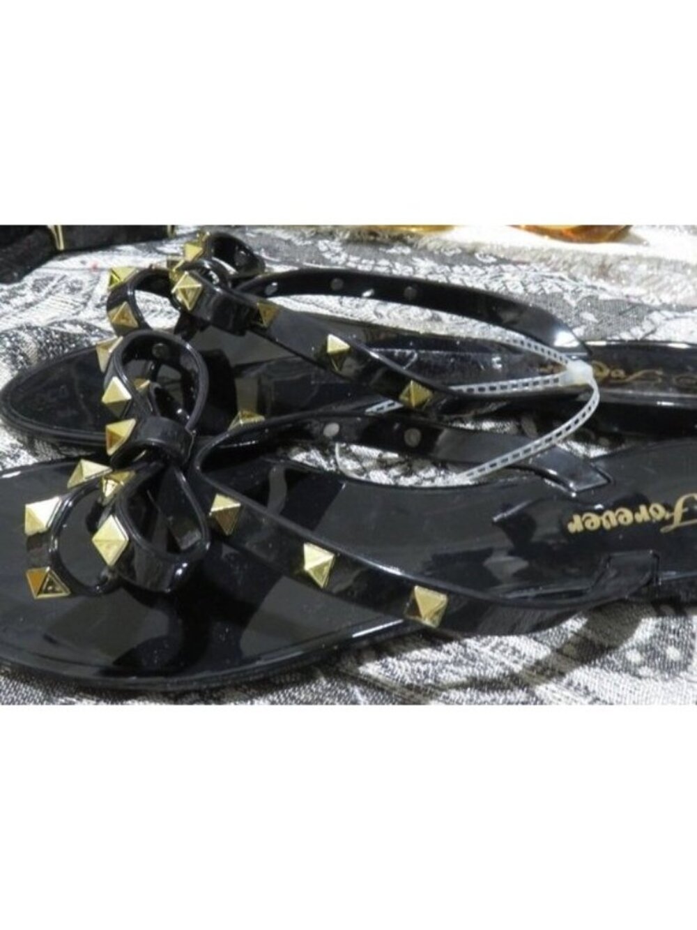 Forever Jelly Black Sandals gold stud embellished flats sandals